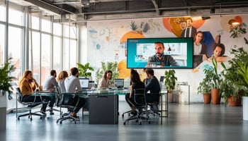 The image depicts a modern office environment in Spain, featuring a large, open workspace filled with natural light streaming through expansive windows. Employees of diverse backgrounds are engaged in collaborative discussions around sleek, glass conference tables. Some are working intently at their desks, equipped with the latest technology, while others are participating in a video call on a large screen. In the background, a wall showcases a vibrant mural illustrating teamwork and innovation. Potted plants add a touch of greenery, enhancing the atmosphere. A poster on the wall promotes health and wellness initiatives, emphasizing the company's commitment to employee well-being. The overall ambiance is one of productivity, collaboration, and a strong focus on health, reflecting the benefits of business health insurance.