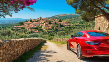 The image depicts a serene Spanish landscape with rolling hills dotted with olive trees under a bright blue sky. In the foreground, a sleek, modern car, painted in a vibrant shade of red, is parked beside a rustic stone wall. A sunlit path leads from the car towards a quaint village in the distance, showcasing traditional Spanish architecture with terracotta roofs and colorful bougainvillea blooming against the walls. The scene is tranquil, evoking a sense of adventure and the allure of driving through picturesque Spain. In the bottom corner, a subtle overlay of text reads "247 Expat Insurance" accompanied by a logo, emphasizing the theme of car insurance for non-residents.