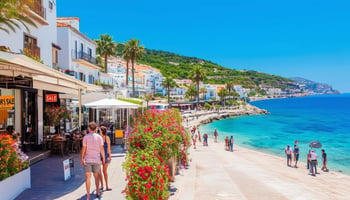 The image depicts a vibrant coastal town in Spain, with sun-drenched beaches and charming white-washed buildings adorned with colorful flowers. A lively promenade is bustling with tourists and locals, enjoying outdoor cafes, street performers, and artisanal shops. In the foreground, a couple is seen inspecting a "For Sale" sign outside a stylish apartment with a sea view. The backdrop features lush green hills dotted with luxurious villas and palm trees swaying gently in the breeze. Bright blue skies stretch overhead, while the turquoise waves of the Mediterranean lap at the shore, creating a perfect setting for expats considering property investments. The overall atmosphere is warm and inviting, suggesting a promising real estate market filled with opportunities.