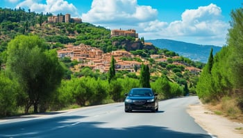 The image features a scenic Spanish roadway lined with vibrant green trees on either side, under a bright blue sky dotted with fluffy white clouds. A sleek, modern car is parked at the side of the road. Nearby, while a distant view shows a picturesque Spanish village with terracotta rooftops. The atmosphere conveys a sense of adventure and caution, inviting viewers to explore the beauty of driving in Spain while adhering to local road rules.