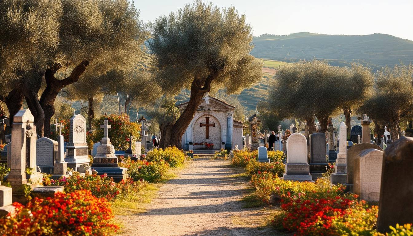 The image depicts a serene Spanish cemetery bathed in the soft, golden light of the late afternoon sun. Olive trees sway gently in the breeze, their silver leaves shimmering against the clear blue sky. In the foreground, a neatly arranged area of headstones showcases intricate carvings and decorative flowers, each telling a story of those laid to rest. A path, lined with vibrant bougainvillea, leads to a small chapel adorned with colorful tiles and a wooden cross, inviting visitors to reflect. In the background, rolling hills and distant mountains provide a tranquil backdrop, while a few mourners, dressed in formal attire, are seen quietly paying their respects. The atmosphere is peaceful, yet filled with an air of solemnity, capturing the essence of remembrance and the cultural significance of funerals in Spain.