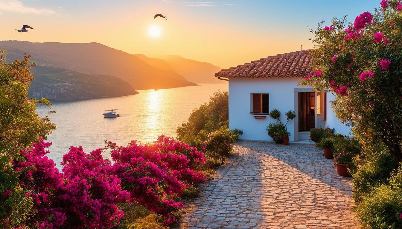 The image depicts a serene Spanish coastal scene at sunrise, with the sun casting a golden hue over the calm Mediterranean Sea. In the foreground, a traditional Spanish villa with whitewashed walls and terracotta roofs is surrounded by vibrant bougainvillea and olive trees. A charming cobblestone pathway leads to the entrance, adorned with potted plants. The background showcases rolling hills dotted with vineyards, while a clear blue sky transitions from soft orange to light blue. A couple of seagulls glide gracefully above the water, and a small boat gently rocks in the distance. The atmosphere is peaceful, evoking the allure of living in Spain, perfect for expats considering property investments.