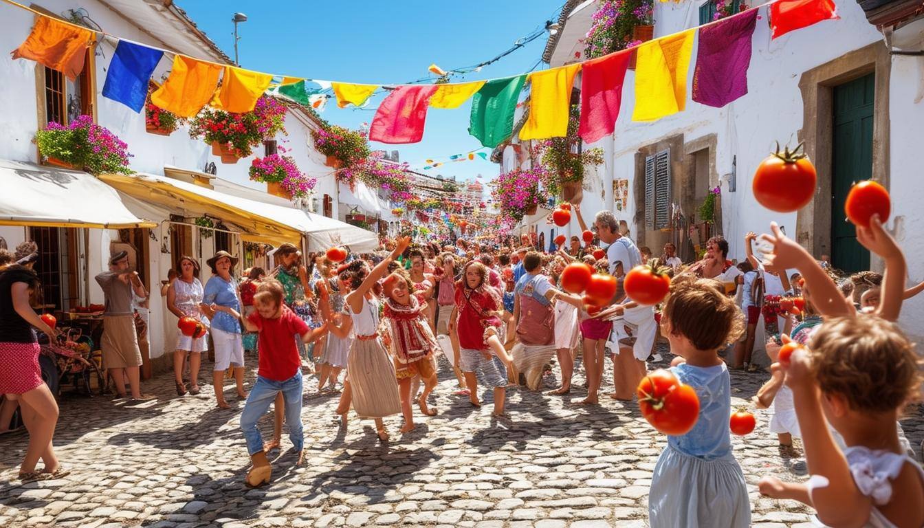 The image depicts a vibrant street scene in a Spanish town during a local festival. Colorful banners and flags hang between buildings, fluttering in the gentle breeze. Crowds of people, dressed in traditional attire, gather to celebrate, their faces glowing with excitement. In the foreground, a group of children playfully toss ripe tomatoes at each other, their laughter ringing through the air, reminiscent of La Tomatina. Nearby, a musician strums a guitar, while a couple dances to the lively rhythm, embodying the spirit of joy and festivity. Stalls adorned with flowers and festive decorations line the street, offering local delicacies and handmade crafts. The sun casts a warm golden light, enhancing the vibrant colors of the scene, creating an atmosphere filled with energy and cultural richness. In the background, you can see historical architecture, hinting at the town's deep-rooted traditions and history.