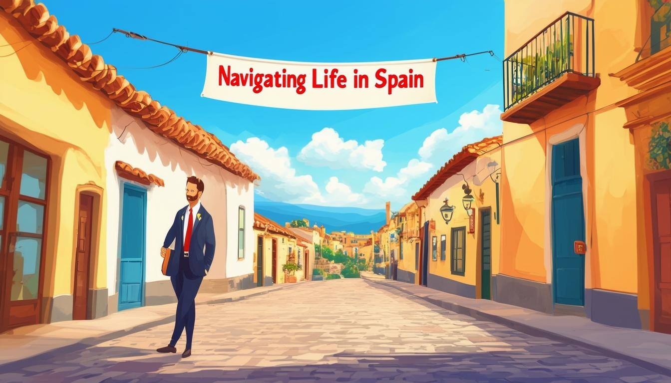 The image depicts a vibrant, sunlit street in a charming Spanish town,There should be suited professionals like solicitors and accountants with their offices in the picture, they are doing and paying taxes, in Spain. The atmosphere is lively and welcoming, with hints of traditional Spanish architecture, such as tiled roofs and cobblestone streets, creating a picturesque backdrop. A banner hanging above the street reads 