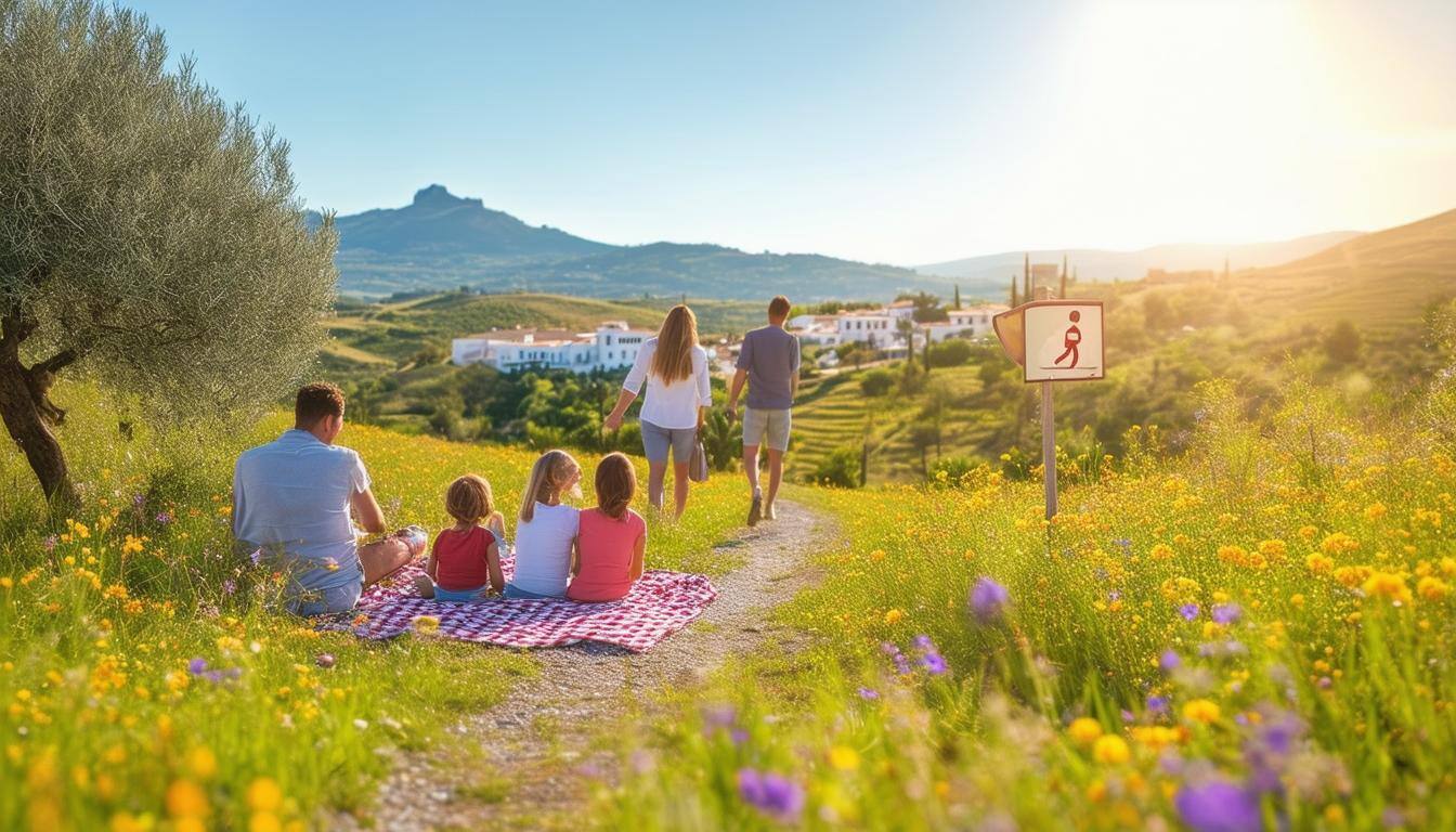 The image depicts a serene Spanish landscape at midday, showcasing rolling hills adorned with vibrant wildflowers and olive trees under a clear blue sky. In the foreground, a cheerful expat family, a diverse mix of adults and children, enjoy a picnic on a checkered blanket, their smiles radiating joy and contentment. Nearby, a bicycle leans against a rustic stone wall, hinting at leisurely explorations of the picturesque surroundings. In the background, a quaint village with whitewashed buildings and terracotta roofs nestles at the base of a distant mountain range, while the sun casts warm golden hues across the scene, creating a welcoming atmosphere that embodies the essence of life in Spain.