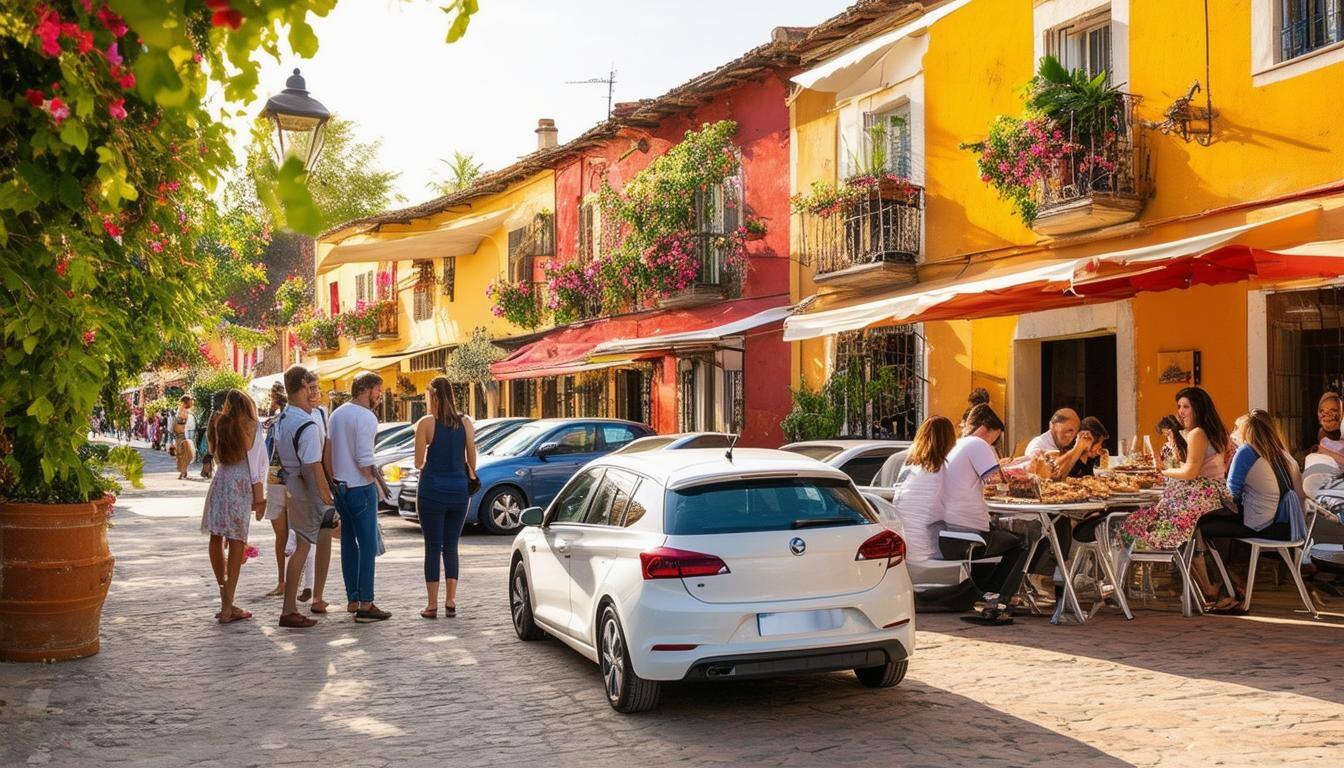 The image features a vibrant street scene in Spain, bustling with life. A sun-drenched plaza is framed by charming, colorful buildings with traditional Spanish architecture, their balconies adorned with flowering plants. In the foreground, a diverse group of people, including expats and locals, examines a selection of used cars parked along the curb. The vehicles, ranging from compact hatchbacks to stylish sedans, are clean and well-maintained, showcasing a variety of colors. An enthusiastic couple inspects a semi-new car, discussing its features with a friendly salesperson. Nearby, a small café spills over with patrons enjoying tapas and coffee, while the scent of fresh pastries wafts through the air. The atmosphere is lively and inviting, embodying the essence of community and opportunity in the pursuit of a second-hand vehicle. In the background, the sun casts a warm glow, enhancing the scene's charm and allure.